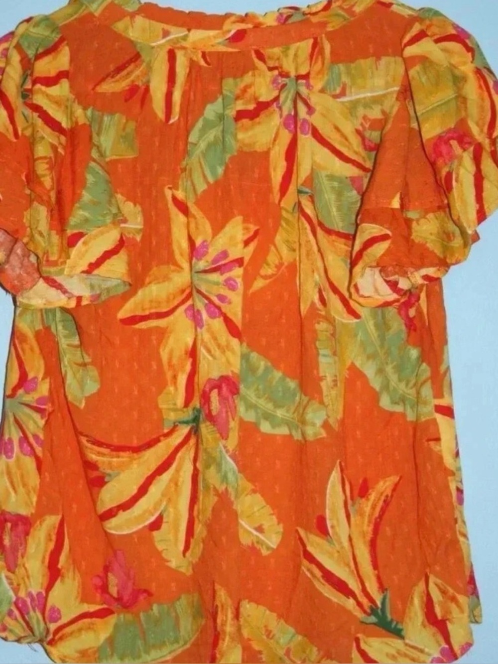 Haute Hippie Style Tropical Floral Flutter Sleeve Blouse XL Orange Boho Coastal - Picture 9 of 14